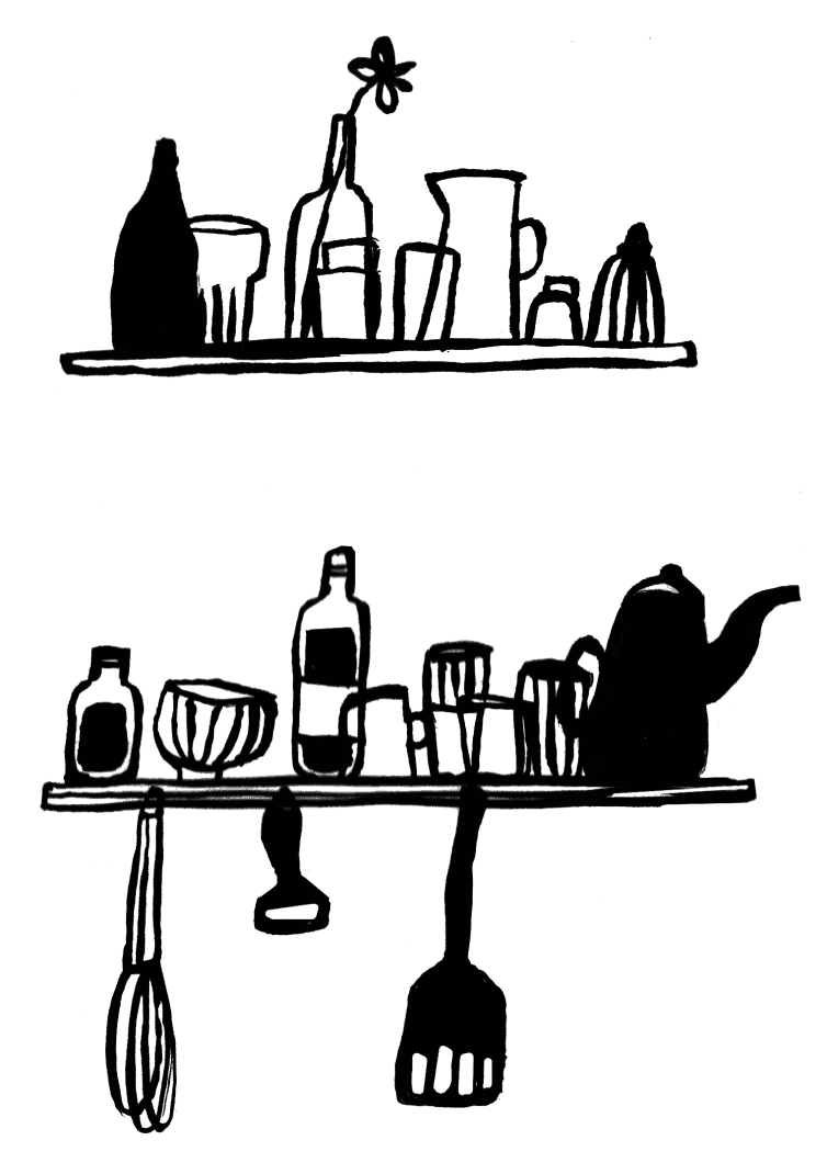 Un dessin d'étagères remplies de vases et ustensiles de cuisine.
